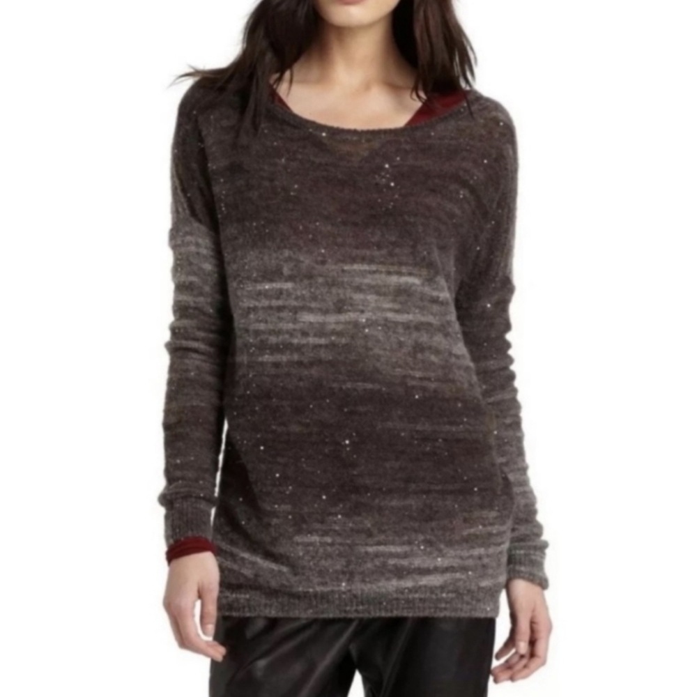 Vince Ombre Striped Sweater Sequined Mohair Wool Blend Scoop Neck Brown Gray L